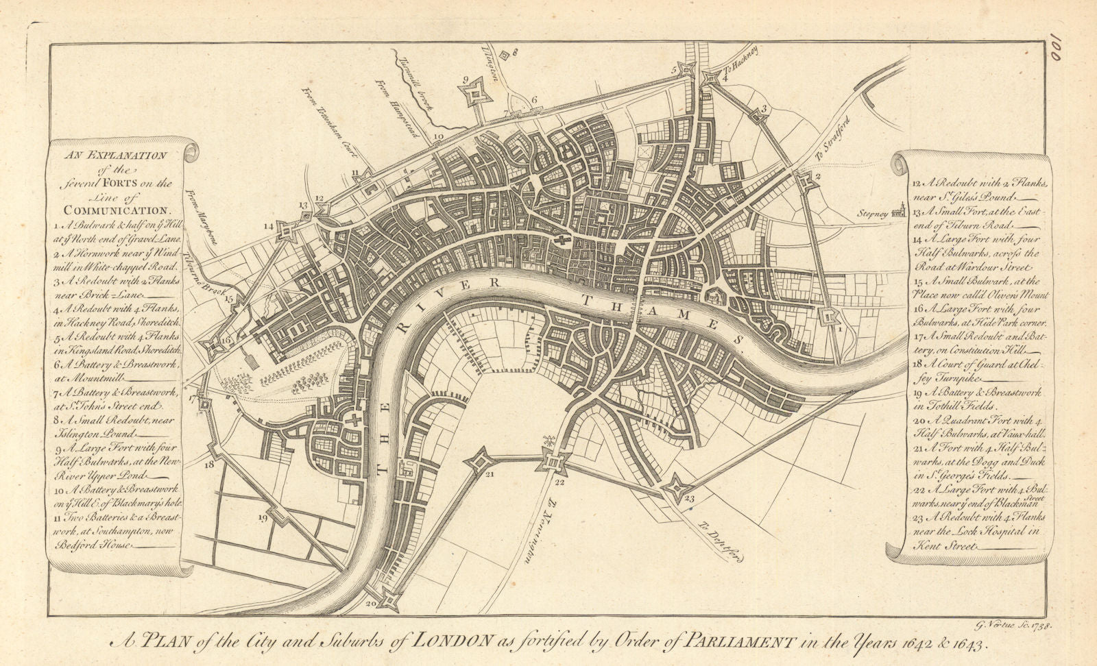 London as fortified by Order of Parliament in the Year 1642/3. VERTUE 1760 map